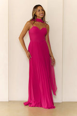 Sweetheart Pleated Scarf Maxi Dress Hot Pink