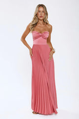 Sassy Sunshine Satin Pleated Strapless Maxi Dress Rose