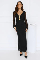 Golden Flower Mesh Long Sleeve Maxi Dress Black