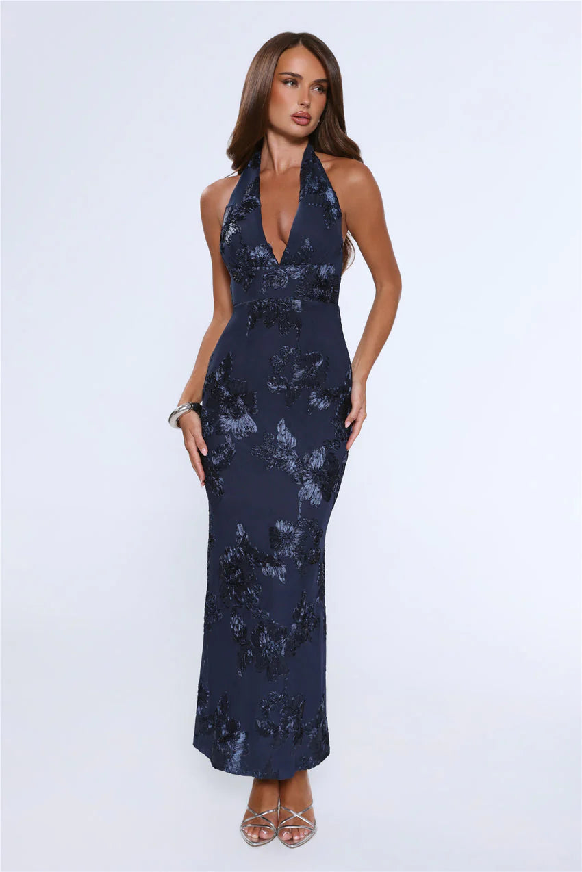 Lime Light Mesh Halter Maxi Dress Navy
