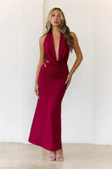 Silk Essence Halter Maxi Dress Burgundy