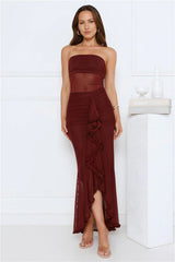 Spark Soirée Strapless Mesh Maxi Dress Burgundy