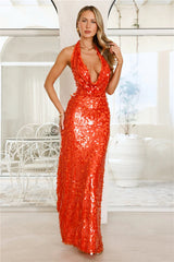 Spark The Night Sequin Halter Maxi Dress Orange