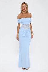 Delicate Glow Lace Off Shoulder Maxi Dress Blue