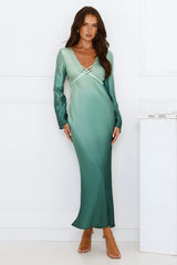 Horizon Hues Satin Long Sleeve Midi Dress Green Ombre