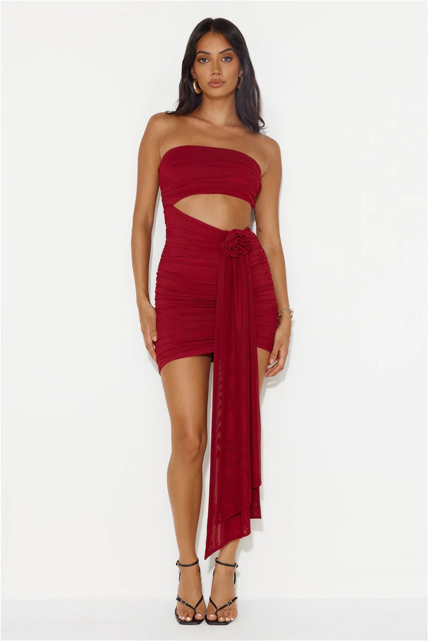 One Week Vacay Strapless Mesh Mini Dress Maroon