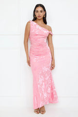 Sultry Poise Mesh Off Shoulder Maxi Dress Pink
