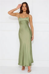 Silk Shimmers Satin Maxi Dress Olive