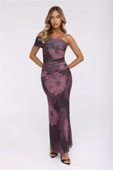 Mischief Glow Off Shoulder Mesh Maxi Dress Brown