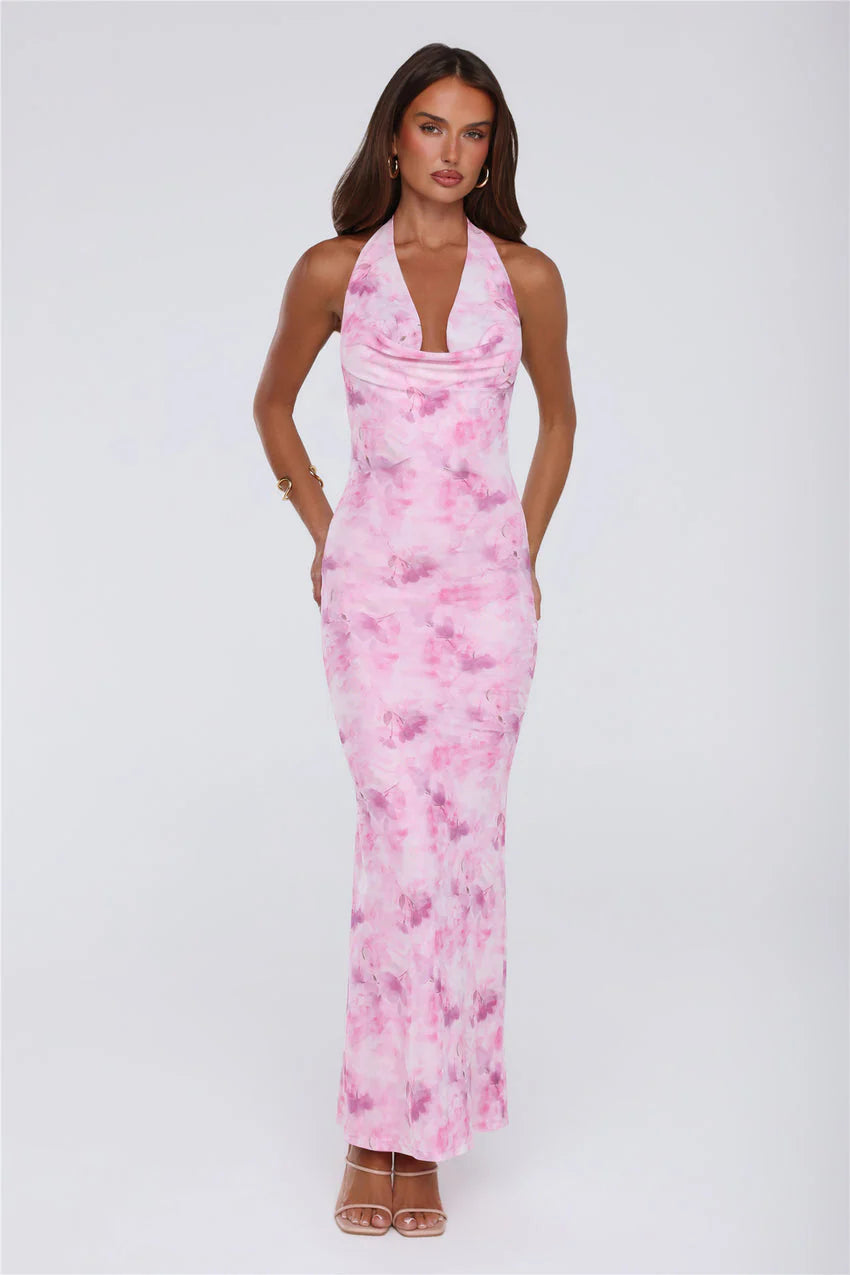 Power Vibe Halter Mesh Maxi Dress Pink