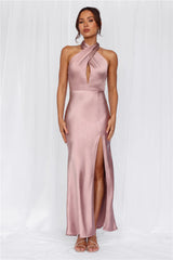 The Adeline Halter Satin Maxi Dress Dusty Pink