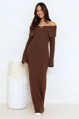 Simple Silhouettes Knit Off Shoulder Maxi Dress Brown