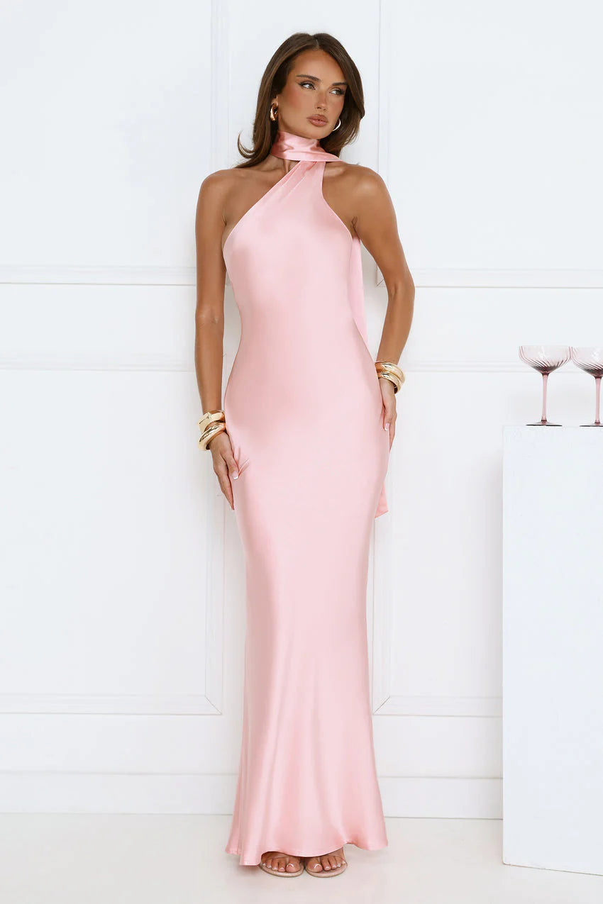 Cinnamon Glaze Halter Satin Maxi Dress Pink