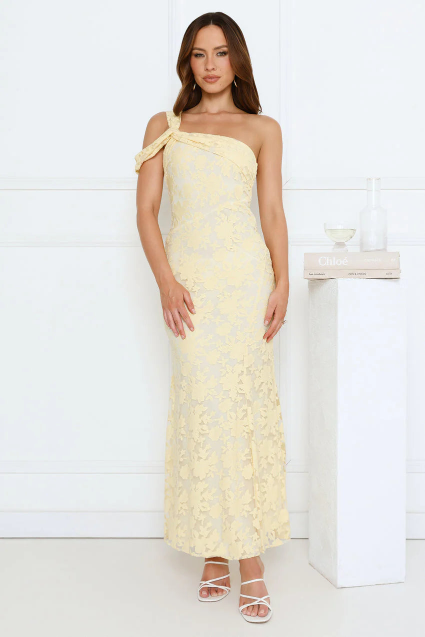 Velour Glow One Shoulder Maxi Dress Yellow