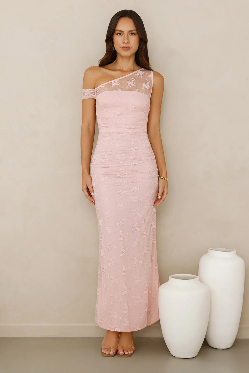 Wild Berry Whimsy Lace Off Shoulder Maxi Dress Pink