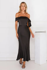 The Hype Off Shoulder Satin Midi Dress Black