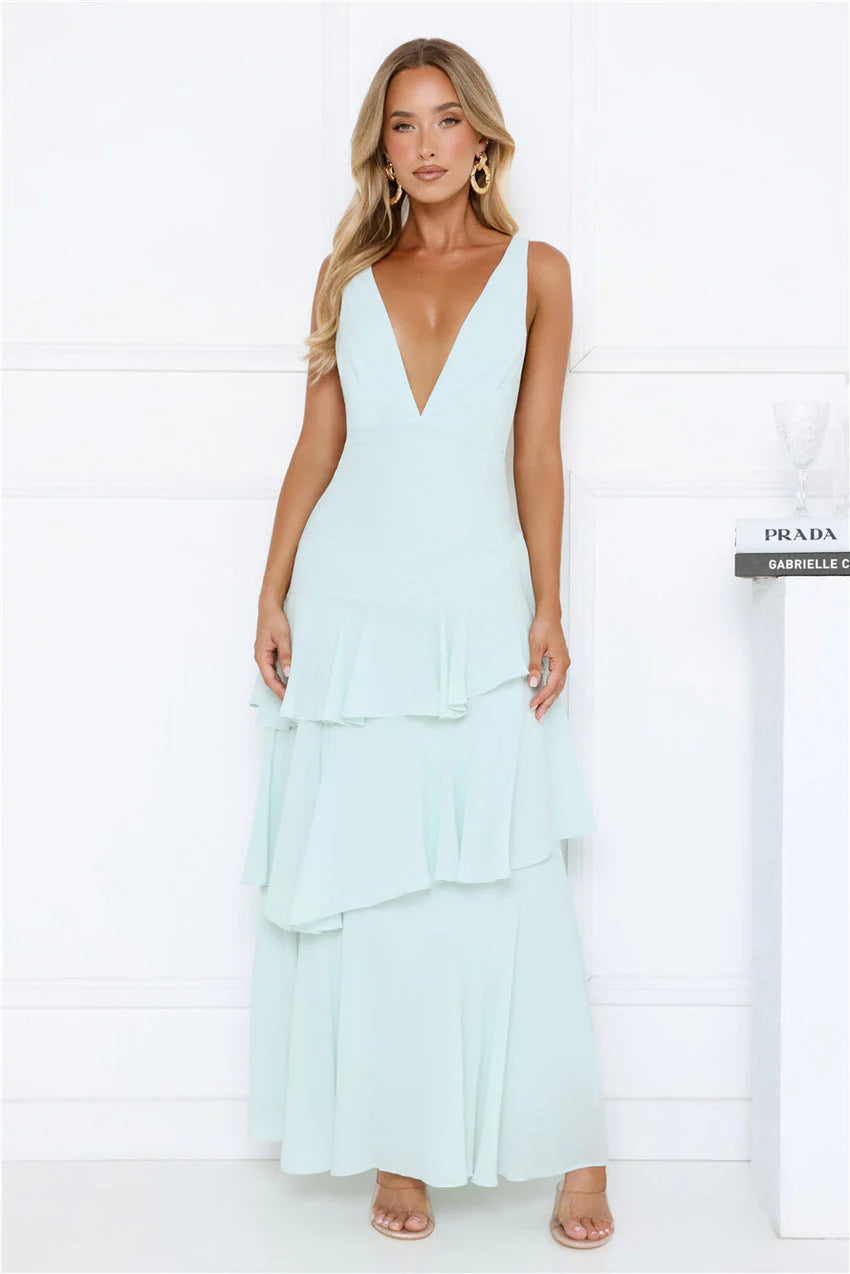 Goddess Glamour Tiered V-Neck Maxi Dress Mint