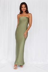 The Felicity Strapless Satin Maxi Dress Olive