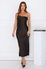 Romantic Tales Satin One Shoulder Maxi Dress Black