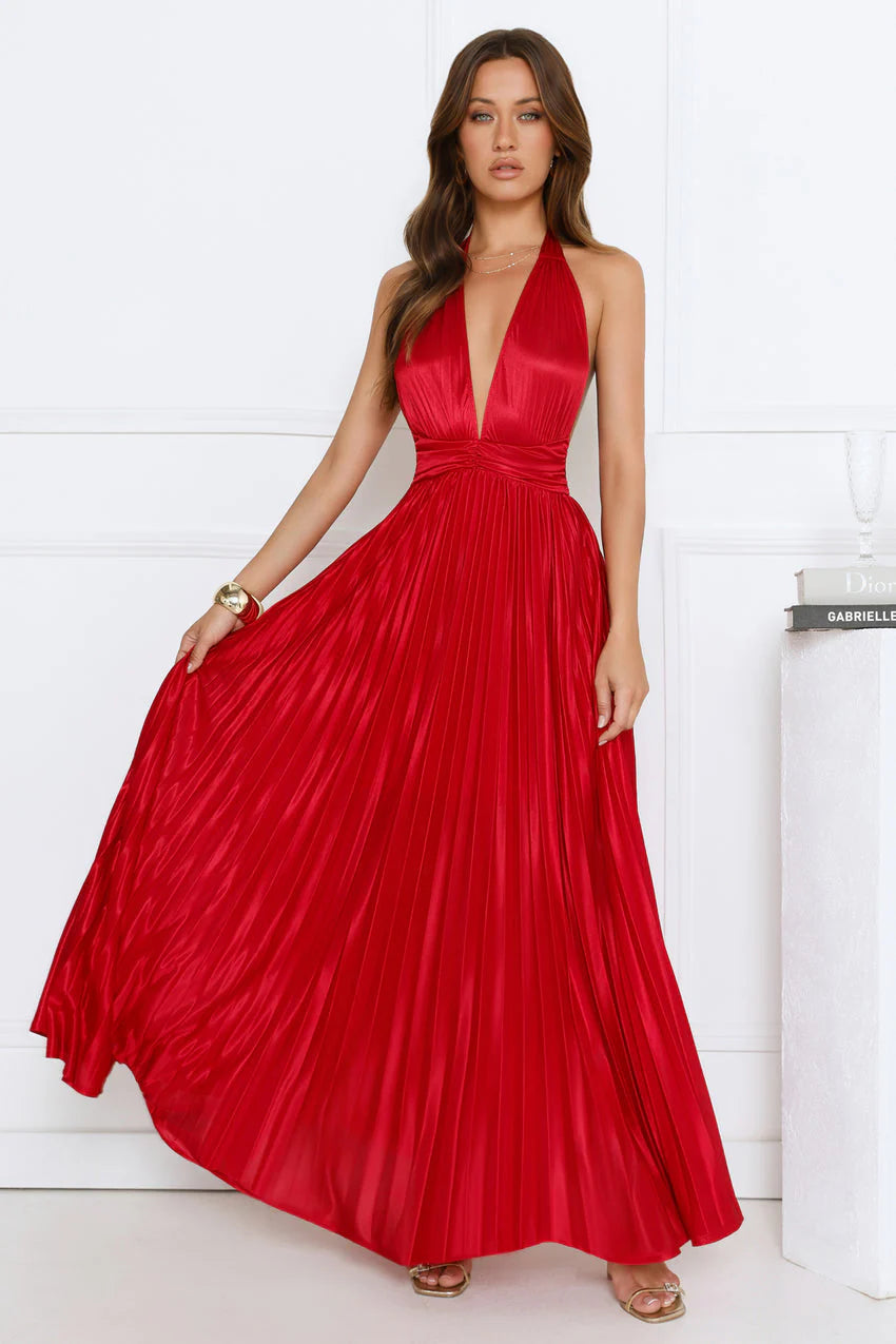 Shimmering Sea Pleated Halter Maxi Dress Red