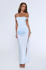 The After Party Off Shoulder Satin Maxi Dress Blue