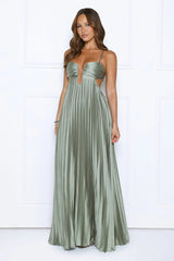 Just One More Look Satin Pleated Maxi Dress Sage