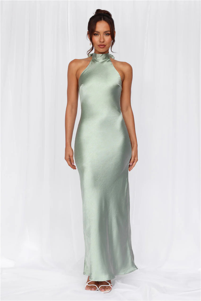 The Cleo Halter Satin Maxi Dress Sage