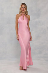 The Delilah Satin Halter Maxi Dress Candy Pink