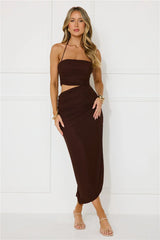 Midnight Enchantment Halter Mesh Midi Dress Brown