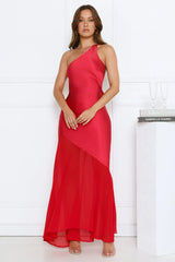 Rosé Nights One Shoulder Satin Maxi Dress Red