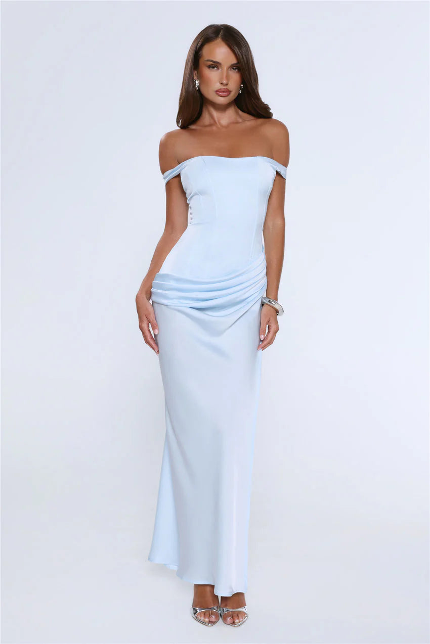 The After Party Off Shoulder Satin Maxi Dress Blue
