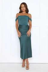 Out Tonight Edit Off Shoulder Mesh Satin Maxi Dress Teal