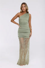Headliner Muse One Shoulder Lace Maxi Dress Green