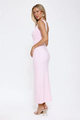 Chic One Shoulder Ruched Drape Maxi Dress Pink