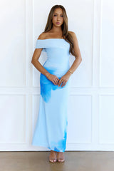 Always Winning Off Shoulder Mesh Maxi Dress Blue