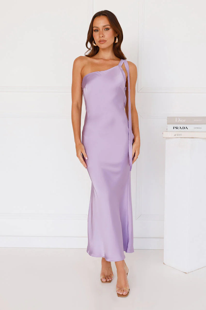 Black Tie Ballroom One Shoulder Satin Maxi Dress Lilac