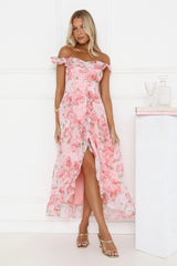 Whispering Blossoms Off Shoulder Maxi Dress Pink