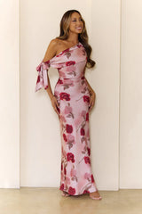 Romantic Rose Satin One Shoulder Maxi Dress Pink