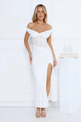Ivory Veil Off Shoulder Lace Maxi Dress White