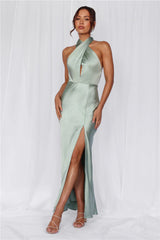 The Adeline Halter Satin Maxi Dress Sage