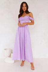 Golden Affair Off Shoulder Satin Maxi Dress Lilac