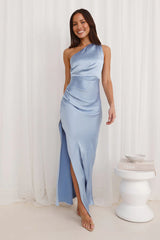 Luxe Charm One Shoulder Satin Maxi Dress Blue