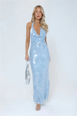 Oceanic Sequin Halter Maxi Dress Blue
