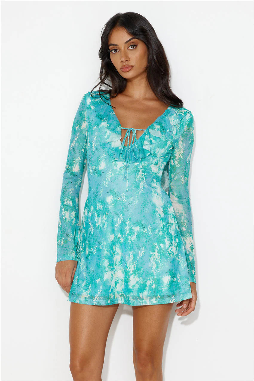 Fun For All Long Sleeve Mesh Mini Dress Green