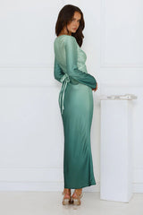 Horizon Hues Satin Long Sleeve Midi Dress Green Ombre