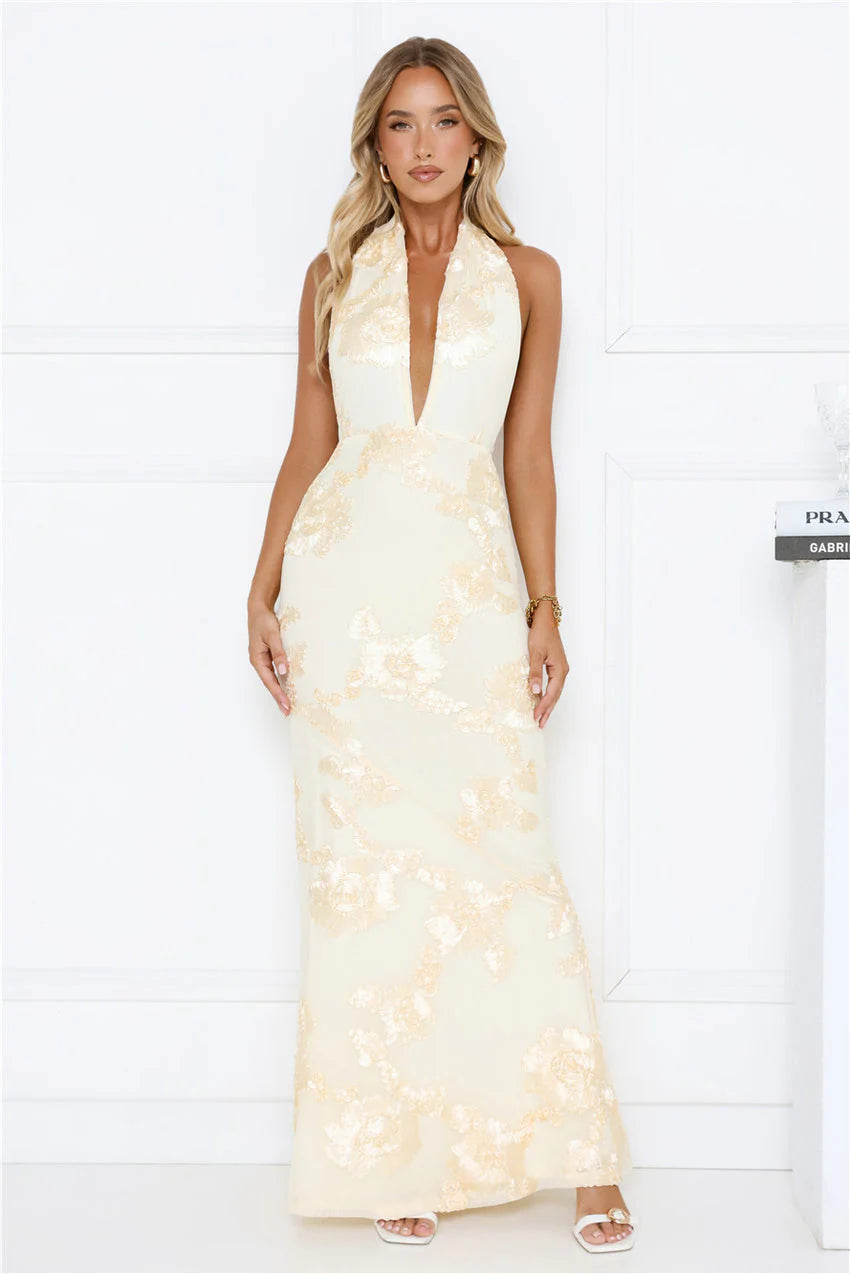 Daydream Kiss Halter Mesh Maxi Dress Yellow