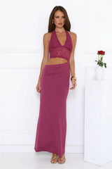 Sway In Moonbeams Halter Lace Maxi Dress Plum