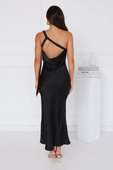 Black Tie Ballroom One Shoulder Satin Maxi Dress Black