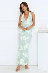 Lime Light Mesh Halter Maxi Dress Sage