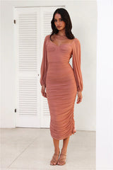 Move To The Music Long Sleeve Mesh Midi Dress Chocolate
